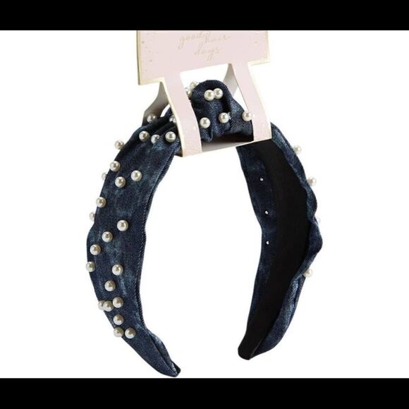 Trendy Knotted Pearl Denim Headband - Picture 1 of 7